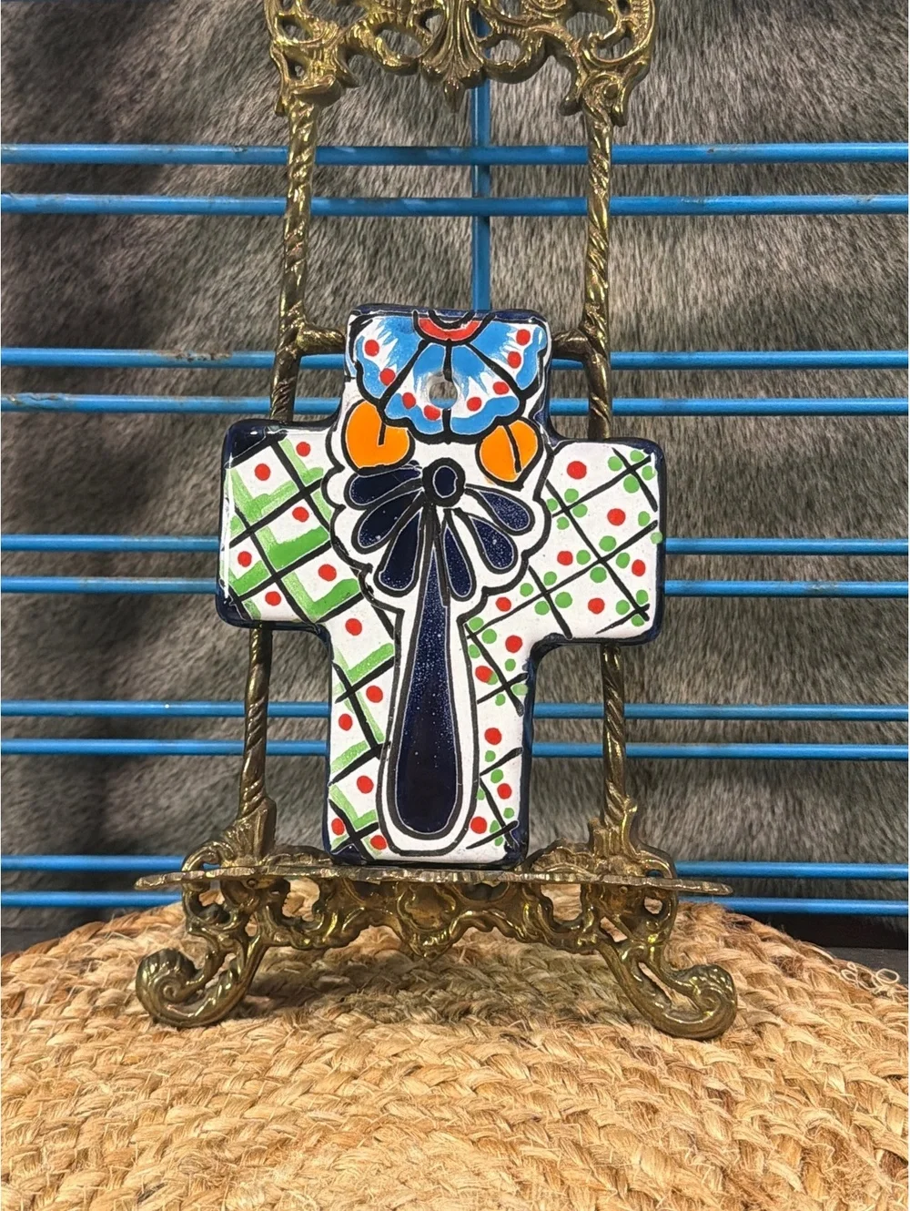 Hand-Painted Ceramic Cross Wall Decor Colorful Floral Design